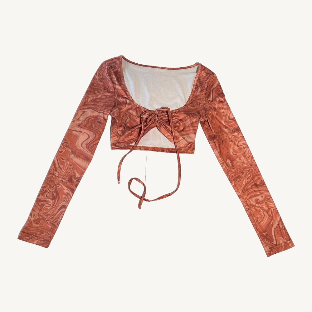 Coral Pink Orange ish Shein Cropped Long Sleeve Tie Dye Groovy Pattern Top